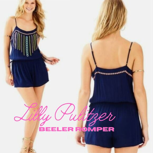Lilly Pulitzer S Beeler Romper | Navy, Tassel Tie, Embroidered, Boho Style $168 - Picture 2 of 7